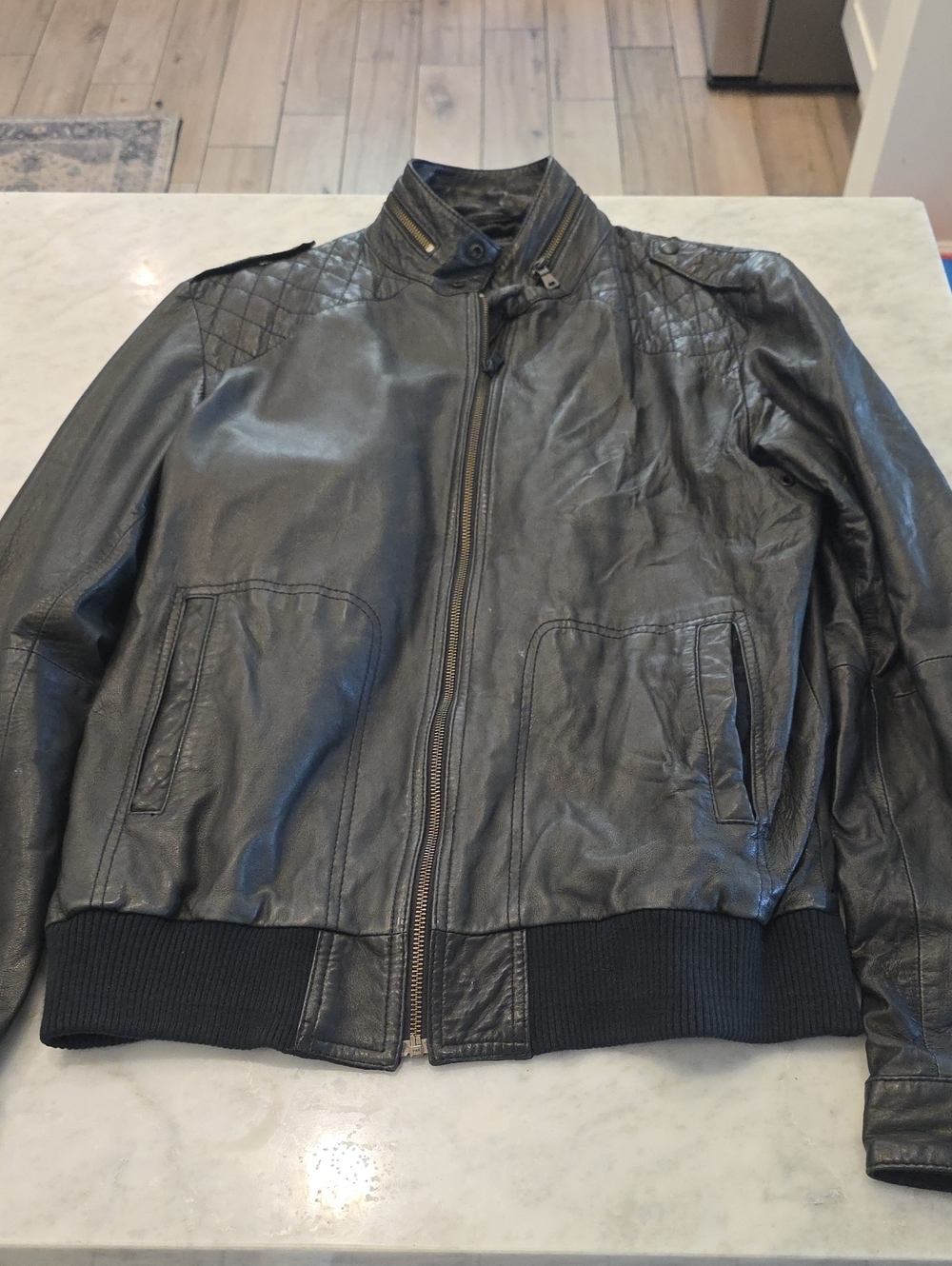 Zara Black Leather Style Bomber Jacket with Quilted Shoulders Mens XL